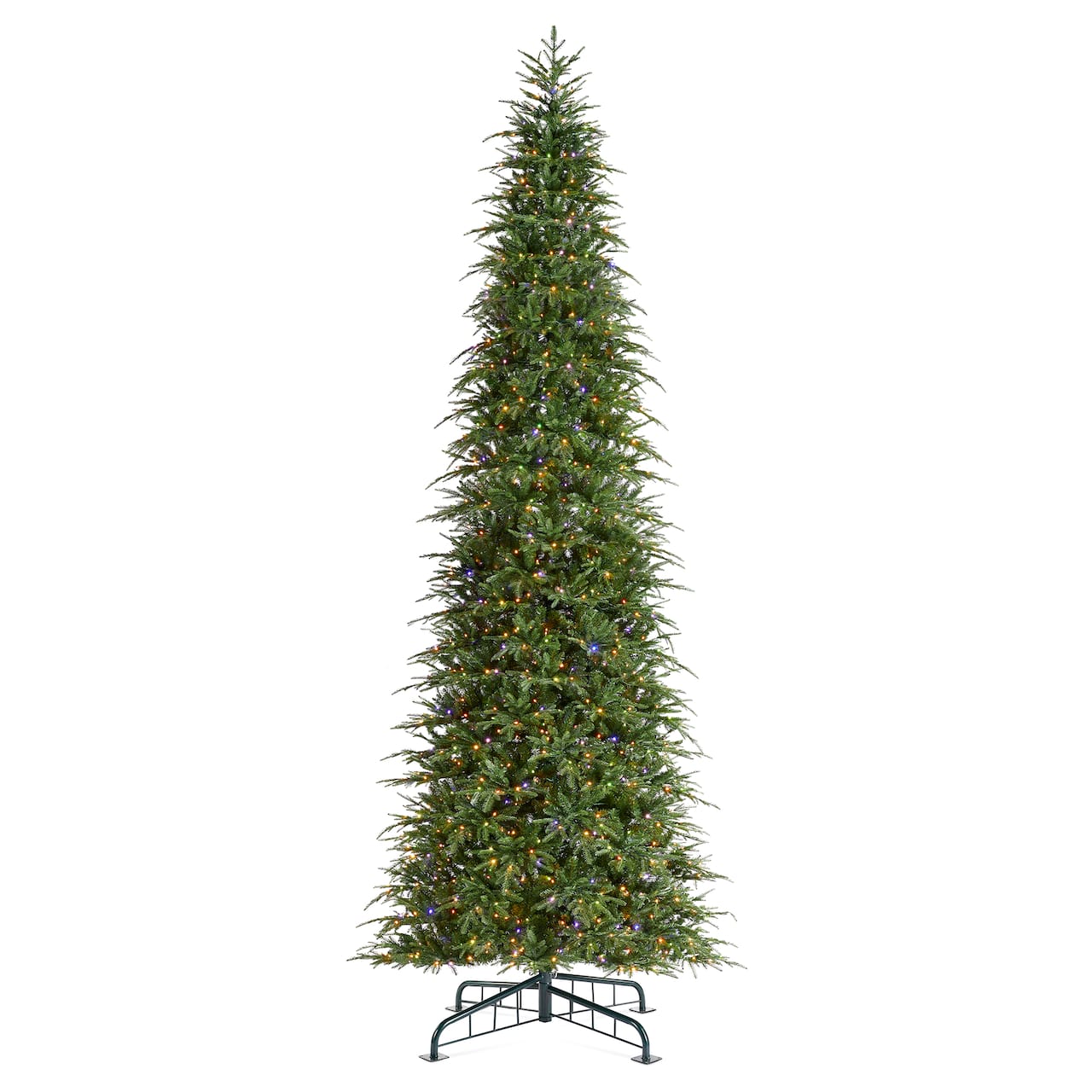 Glitzhome® 15ft Pre-Lit Green Slim Fir Artificial Christmas Tree, Multicolor LED Lights